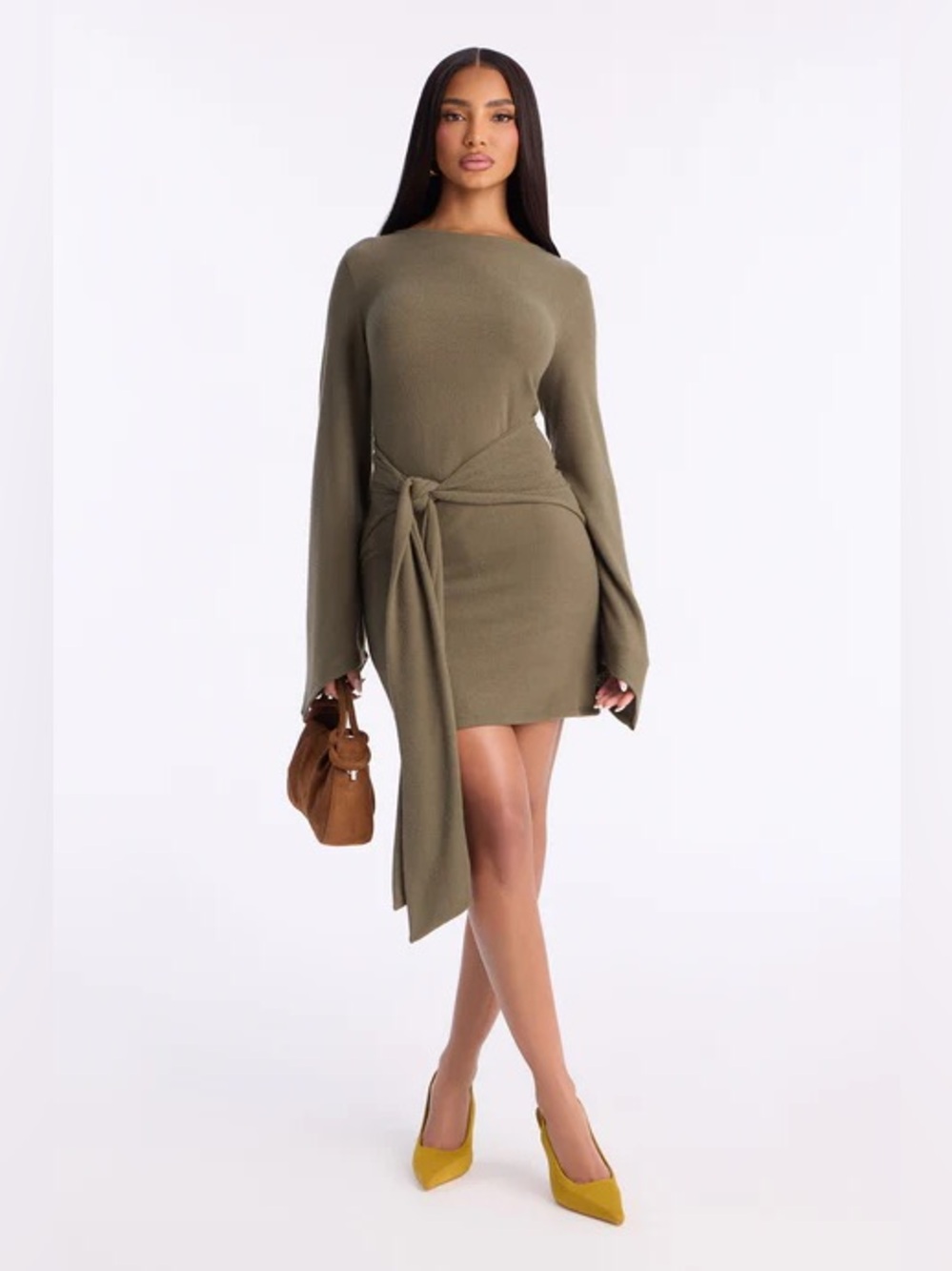 Olive Green Tie-Waist Long Sleeve Mini Dress